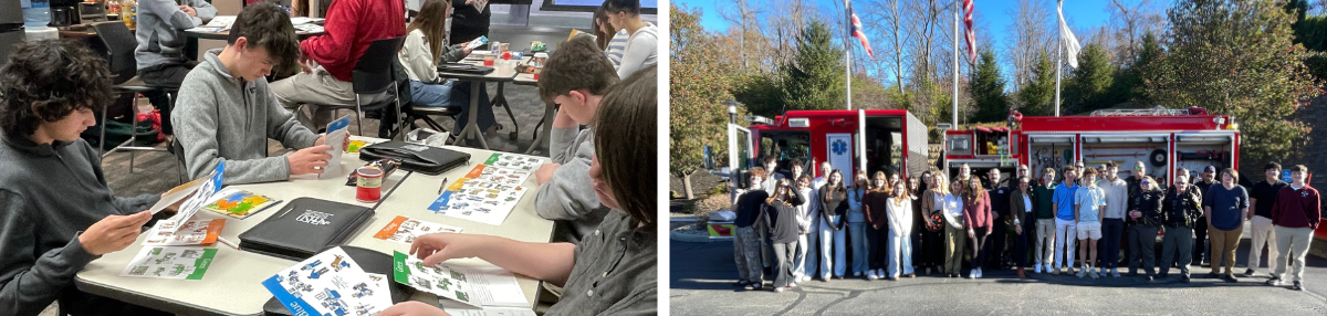 side-by-side photo collage - left: Aspire students complete a worksheet activity; right: students pose in front of fire truck at the Anderson Center