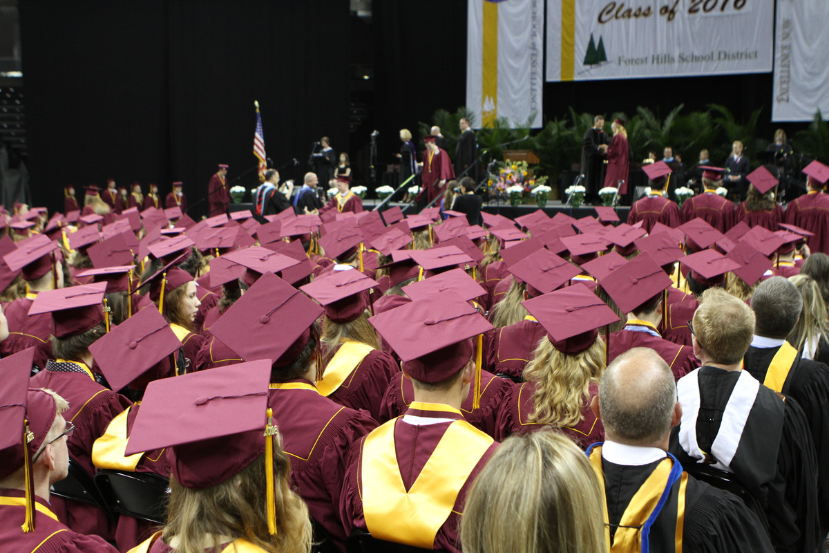 Students in Graduation Gowns watching Ceremony