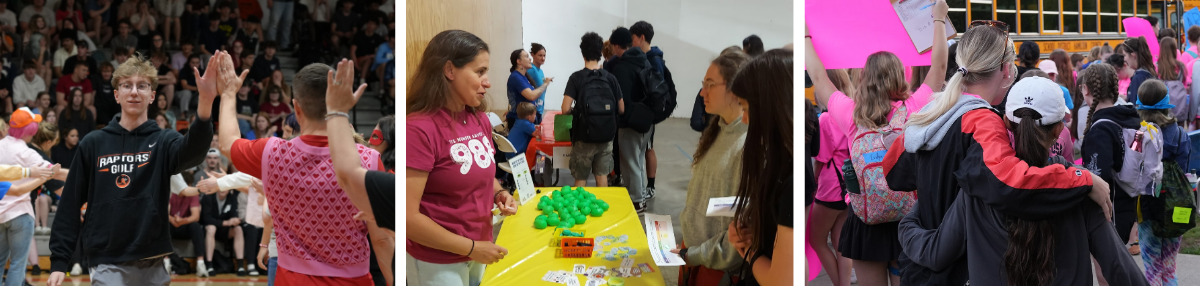 three side by side photos - student getting a high five from a teacher, students talking to a staff member at a wellness fair, high school and elementary students with their arms around each other